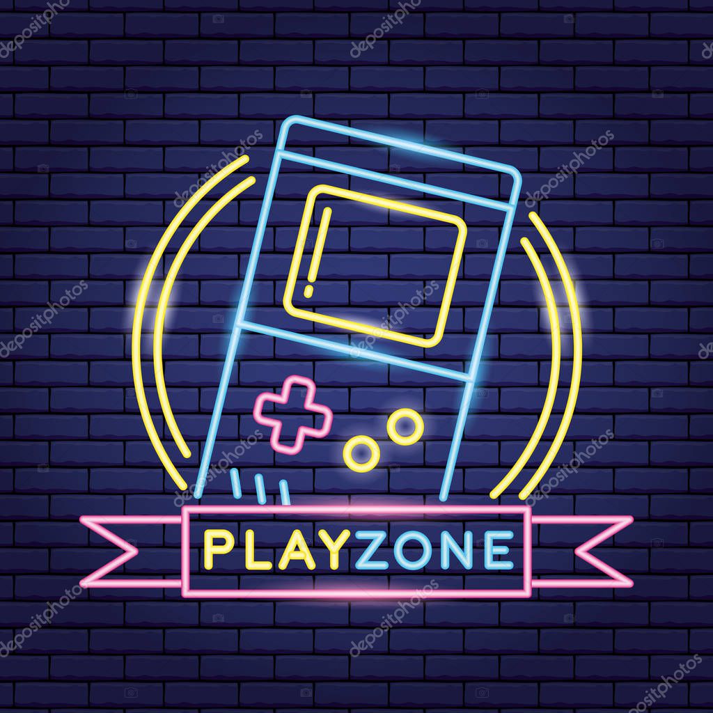 Video game neon play zone console vector illustration