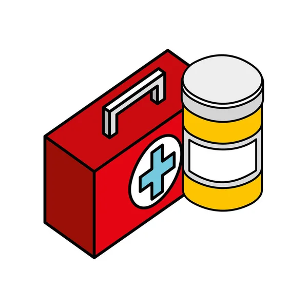 Medical kit first aid and bottle medicine — Stock Vector