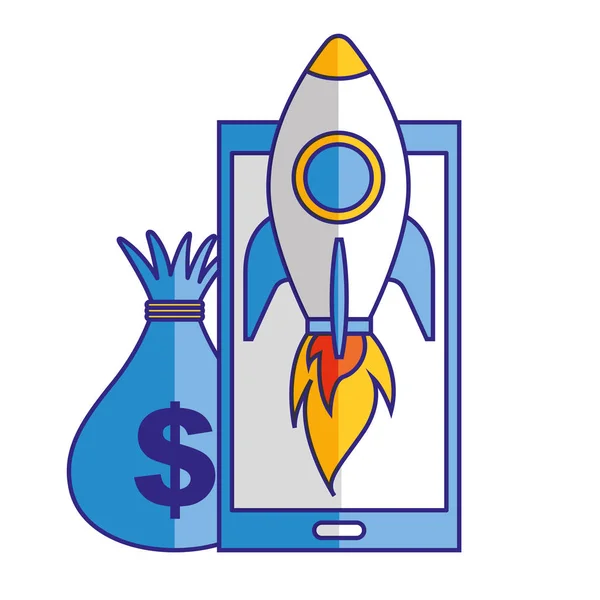 Smartphone bolsa de dinero cohete puesta en marcha — Vector de stock