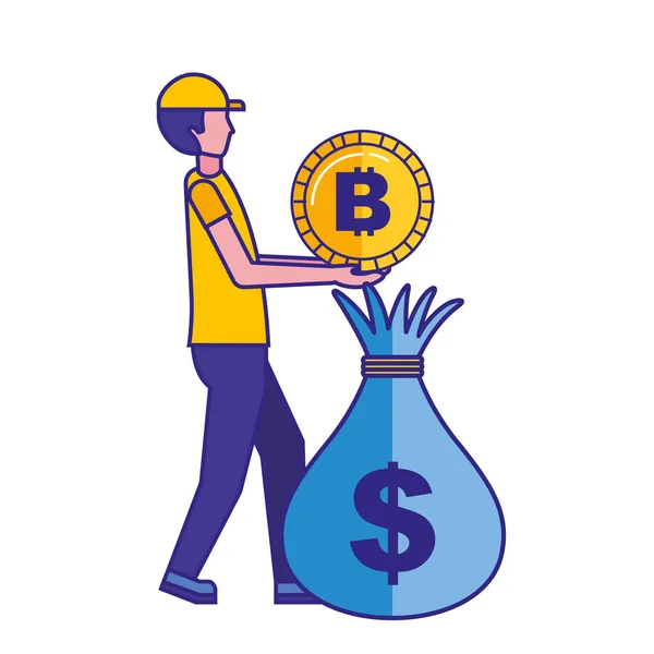 Man håller bitcoin och pengar väska — Stock vektor