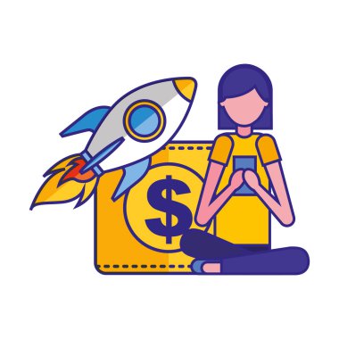 oturan bir Bayan smartphone roket cüzdan para kullanarak