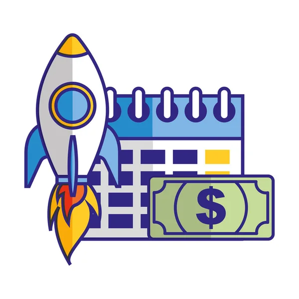 Calendario de negocios dinero y cohete — Vector de stock