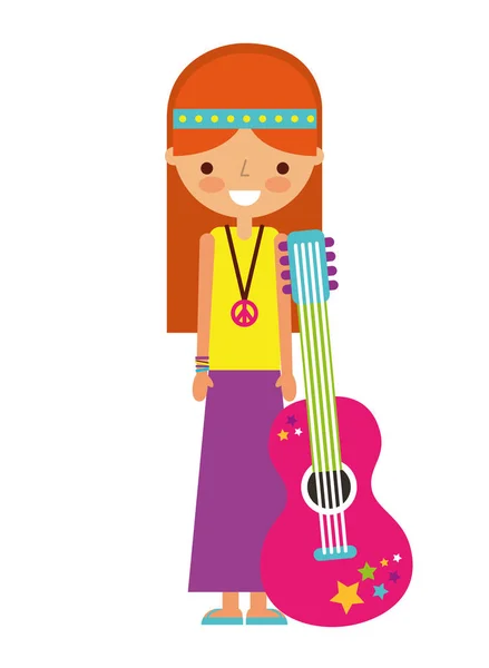 Hippie mulher desenho animado com guitarra —  Vetores de Stock