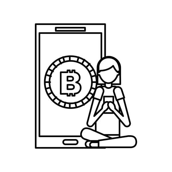 Mulher usando o dinheiro virtual bitcoin smartphone Ilustração De Bancos De Imagens