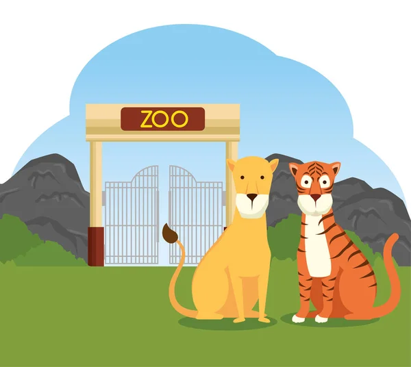 Tigre y león animal salvaje en la reserva del zoológico — Vector de stock