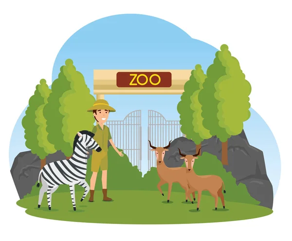 Cebra con animales de venado en el zoológico con safari hombre — Vector de stock