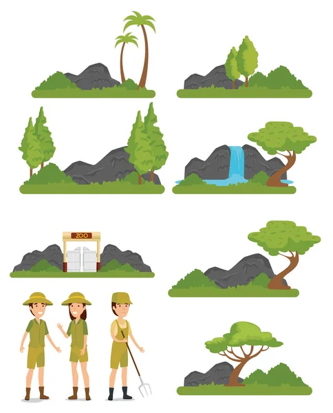 Set zoo animals reserve with safari people — Stock Vector