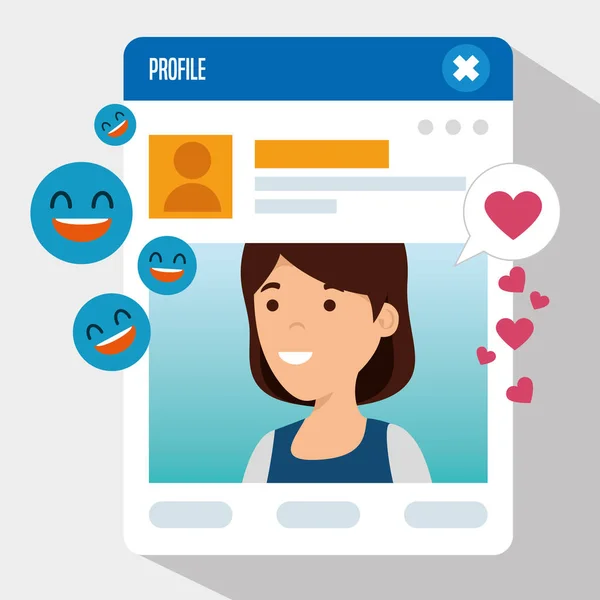 Dívka s informace o profilu a sociální emoji — Stockový vektor