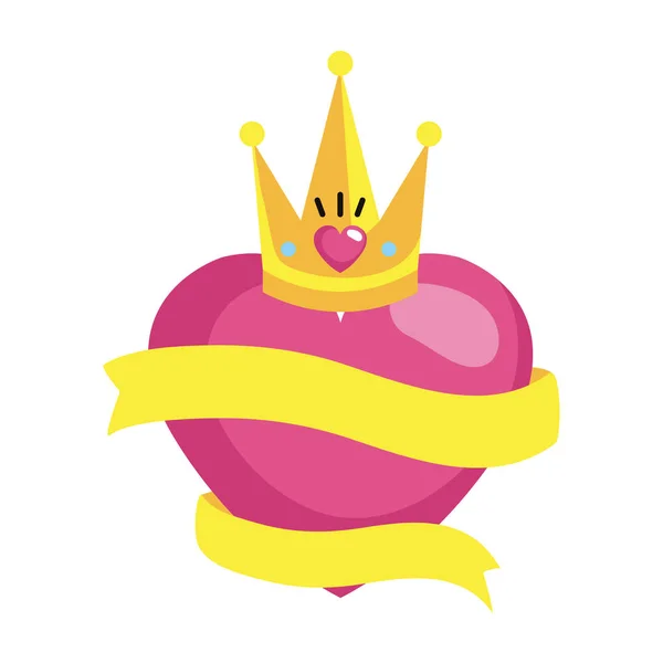 Coeur amour avec couronne reine et ruban — Image vectorielle
