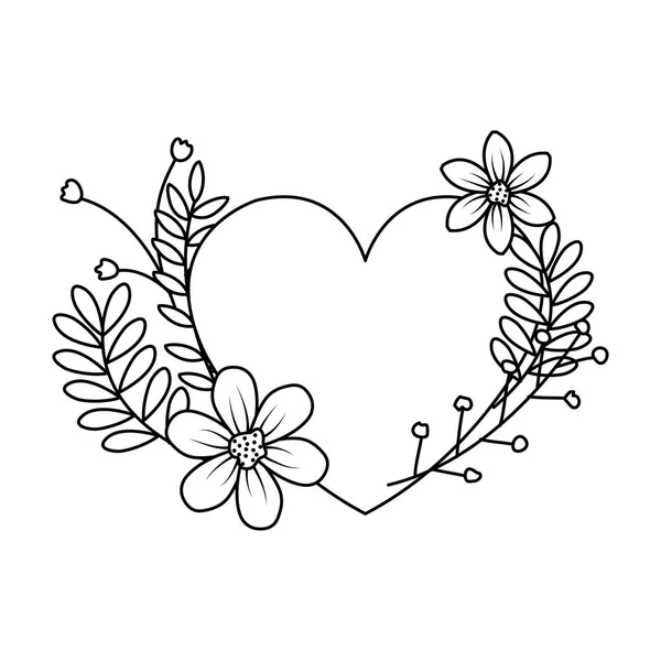Amore del cuore con fiori di ghirlanda biglietto di San Valentino — Vettoriale Stock