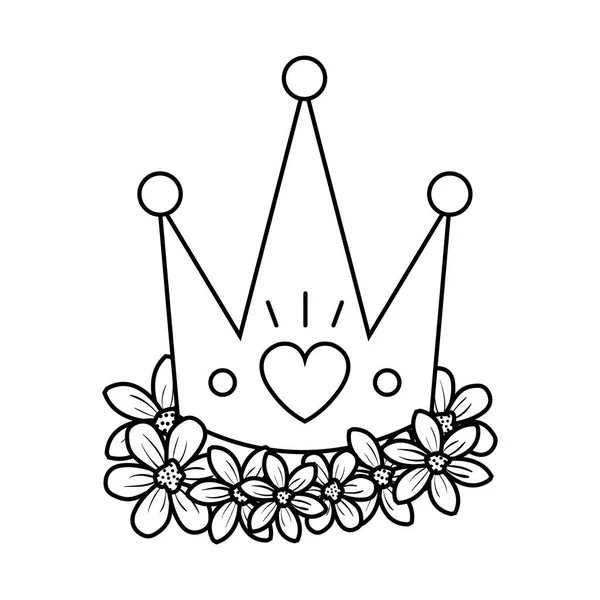 Cute queen crown with heart and flowers — Stock Vector