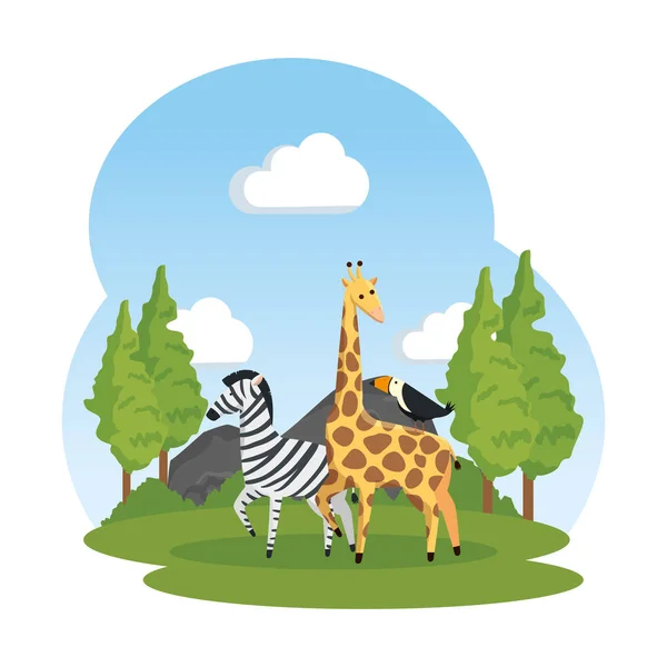 Африканская зебра и жираф в саванне — стоковый вектор