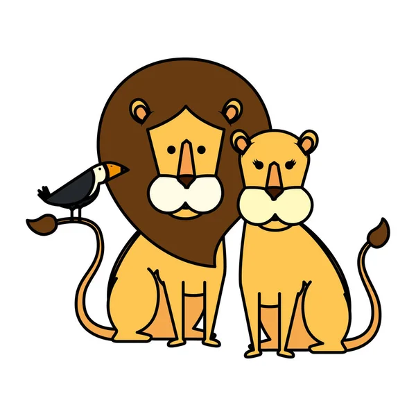 Pareja de leones africanos con pájaro tucán — Vector de stock