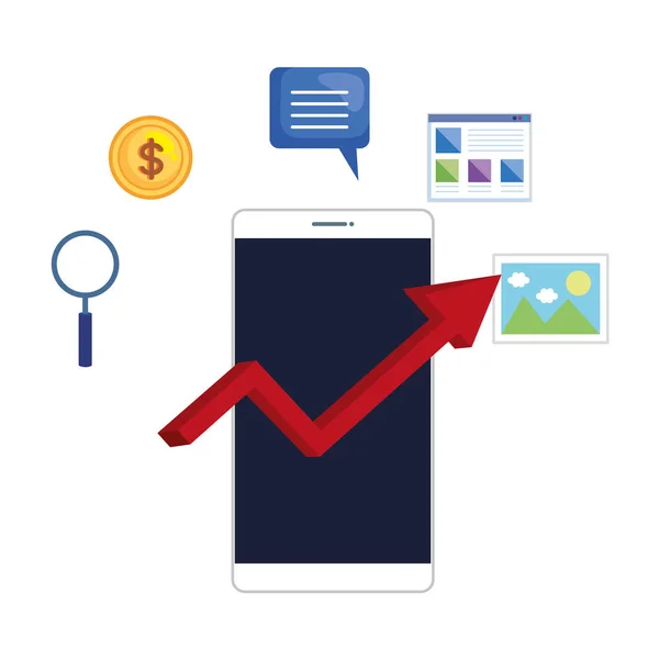 Smartphone con estadísticas de flechas e iconos de negocios — Vector de stock