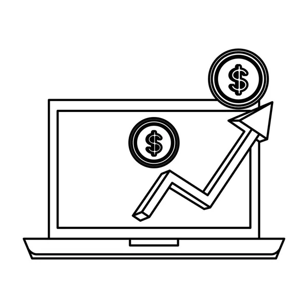Ordenador portátil con monedas dinero y flecha hacia arriba — Archivo Imágenes Vectoriales