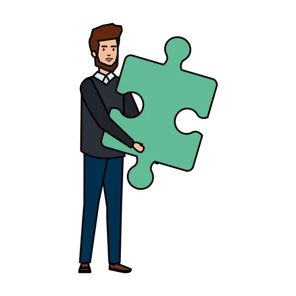 Elegant businessman lifting puzzle piece — Stock Vector