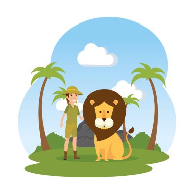 adam işçi Zoo aslan peyzaj ile