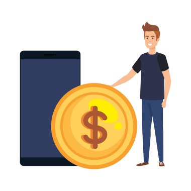 Casual adam akıllı telefon ve madeni para