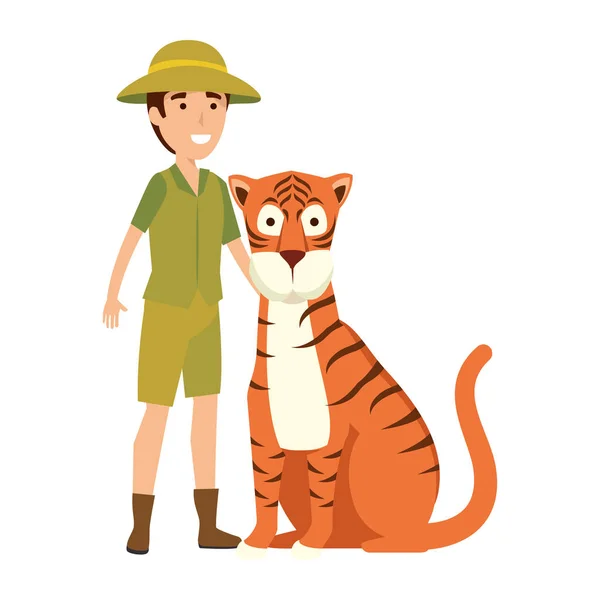 Hombre trabajador del zoológico con tigre — Vector de stock