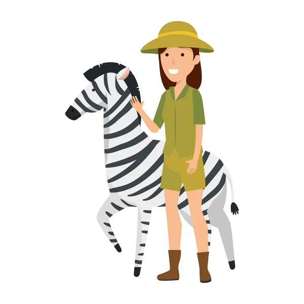 Mujer trabajadora del zoológico con cebra — Vector de stock