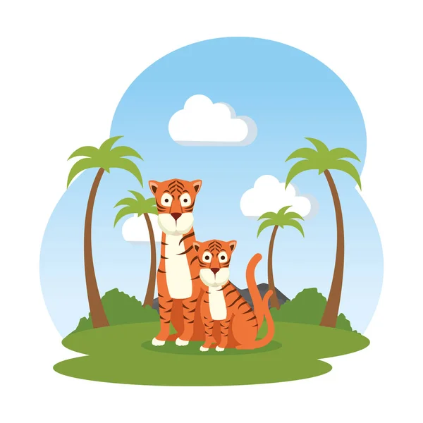 Pareja de tigres africanos en el paisaje — Vector de stock