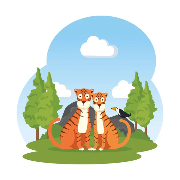 Pareja de tigres africanos en el paisaje — Vector de stock