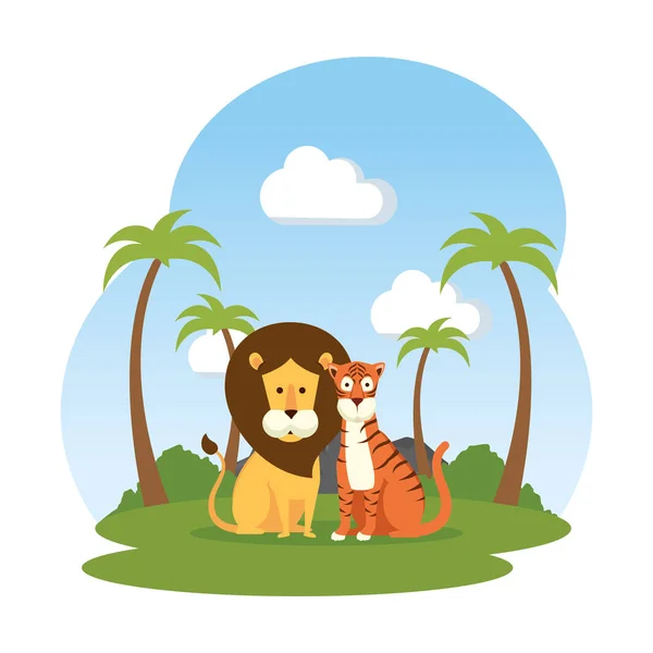 León africano con tigre en el campo — Vector de stock