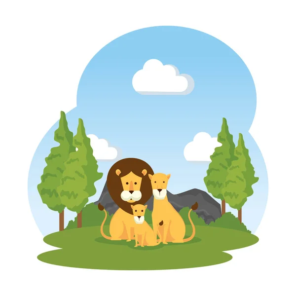 Familia de leones africanos en el campo — Vector de stock