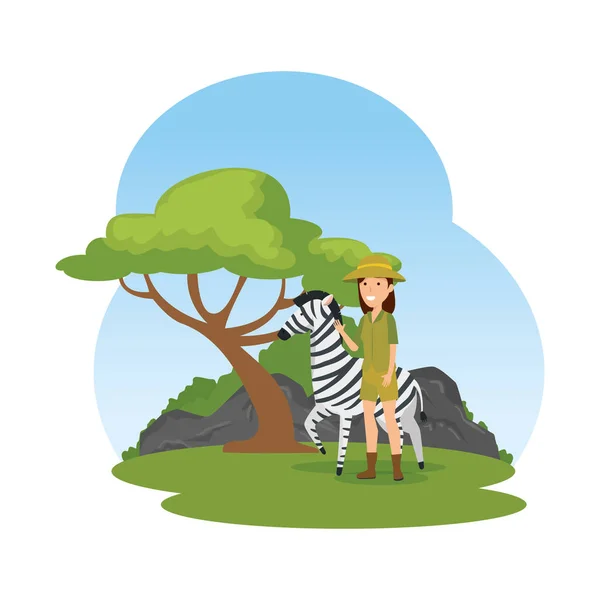 Kadın işçi kampında zebra ile Zoo — Stok Vektör
