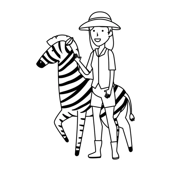 Vrouw werknemer voor zoo met zebra — Stockvector