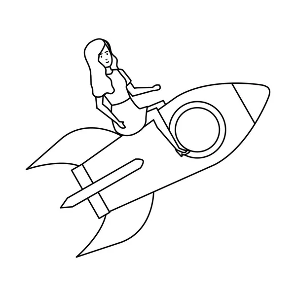 Tilfeldig forretningskvinne som flyr i rakett – stockvektor