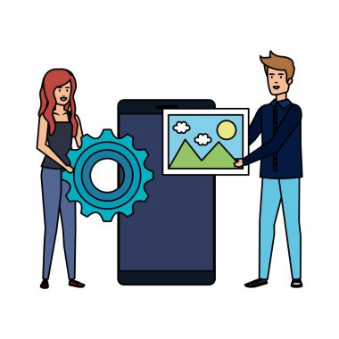 smartphone ve dişli ile genç iş Çift