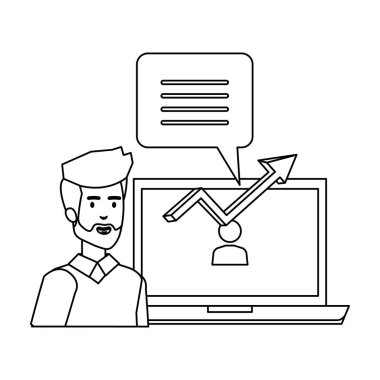 dizüstü bilgisayar ve konuşma balonu olan adam