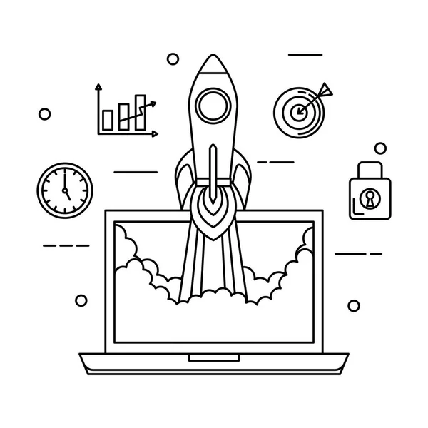 Laptop with rocket and business icons — Stock Vector