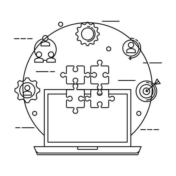 Laptop con pezzi puzzle e icone del business set — Vettoriale Stock