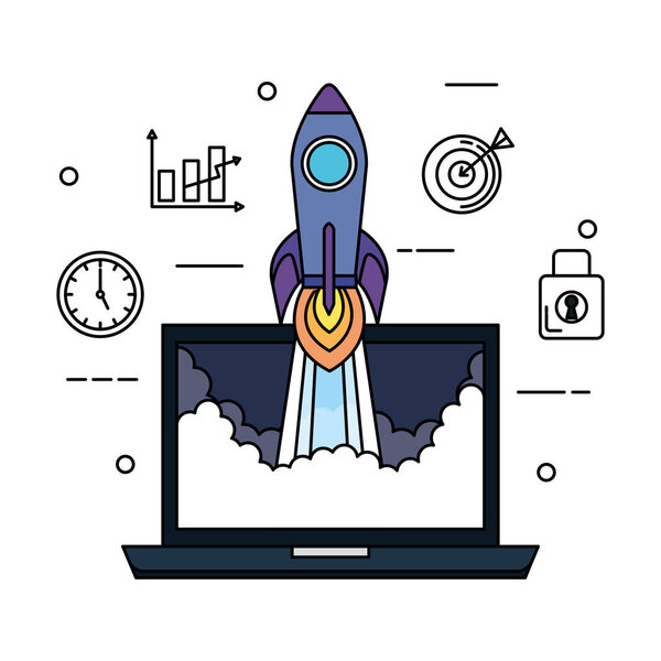 laptop with rocket and business set icons