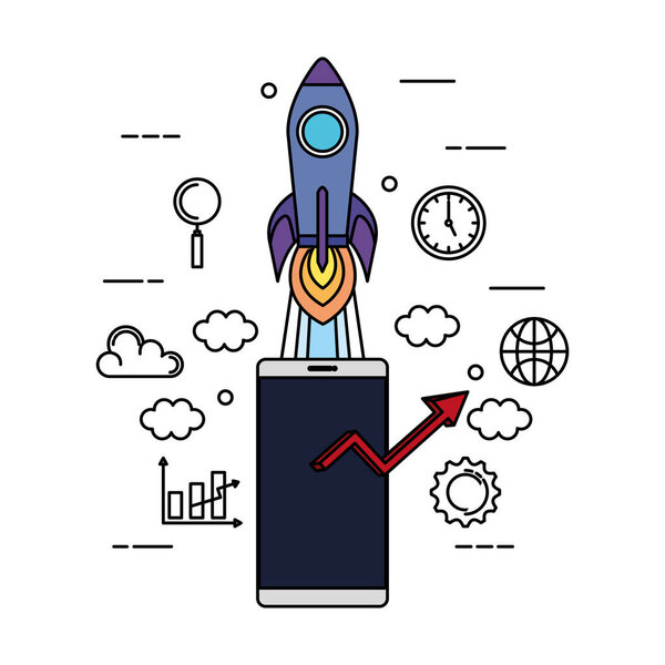 smartphone with rocket and set icons