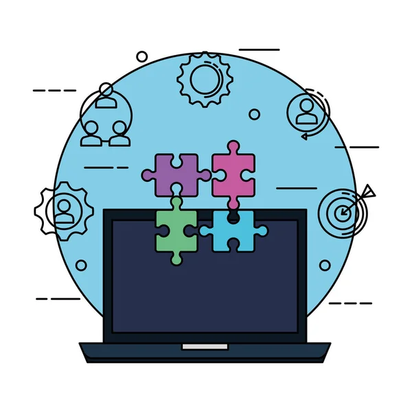 Laptop com peças de quebra-cabeça e ícones de conjunto de negócios —  Vetores de Stock