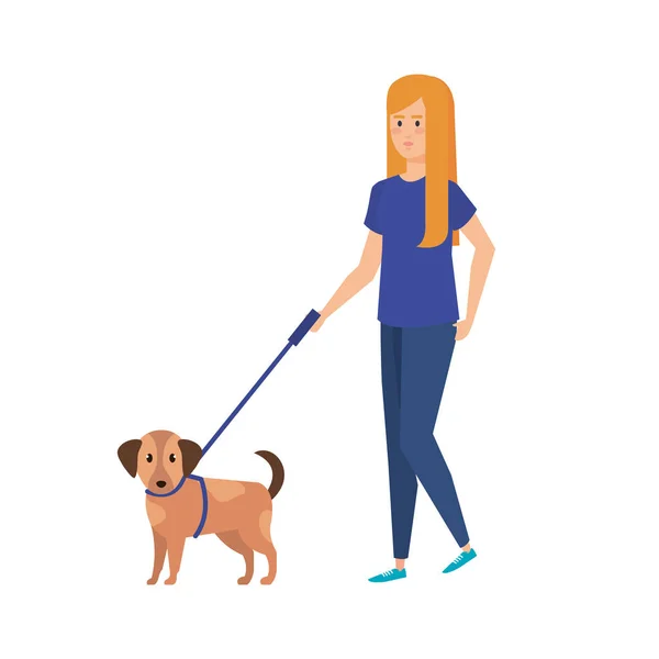 Jonge vrouw met hond wandelen — Stockvector
