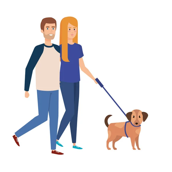 Liefhebbers paar wandelen met hond — Stockvector