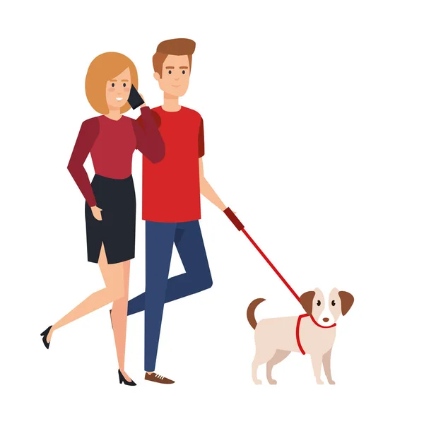 恋人夫妇与狗散步 — 图库矢量图片