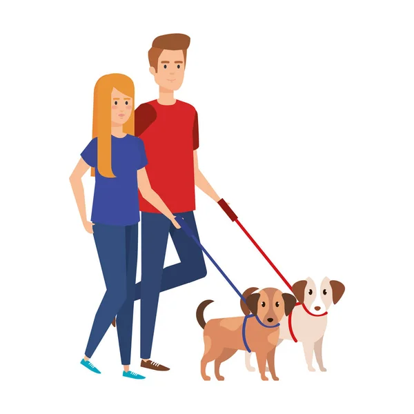 Liefhebbers paar wandelen met de honden — Stockvector