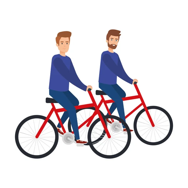 Joven pareja hombres en bicicletas — Vector de stock