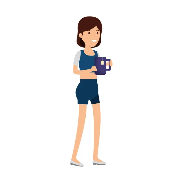 Young woman with coffee cup character — Stock Vector