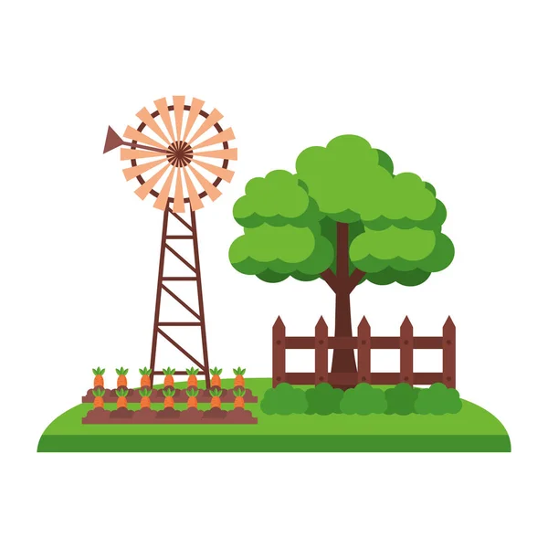 Windmill träd staket gård färska — Stock vektor