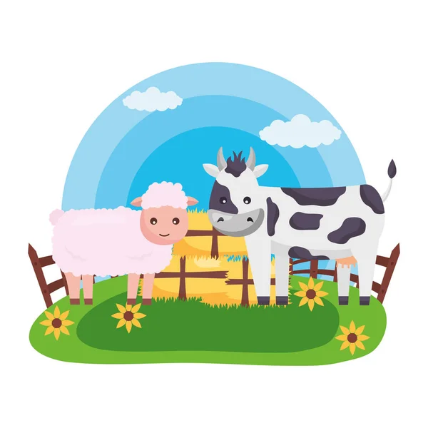 Ovce a krávy balíků sena farmy — Stockový vektor