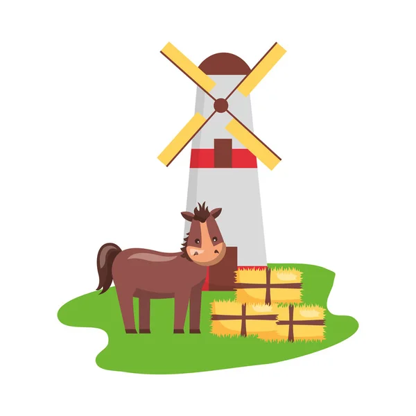 Paard windmolen en balen hooi — Stockvector