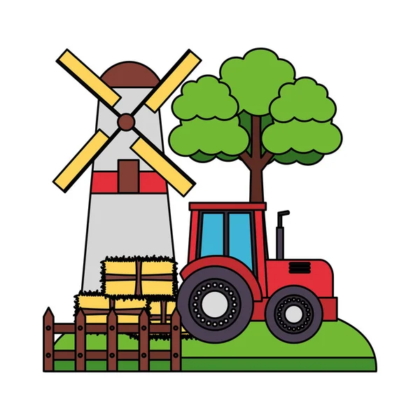 Grange moulin à vent tracteur balles de foin — Image vectorielle