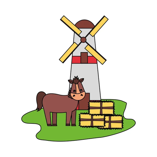 Moulin à cheval et balles de foin — Image vectorielle