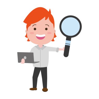 adam holding Büyüteç ve dizüstü